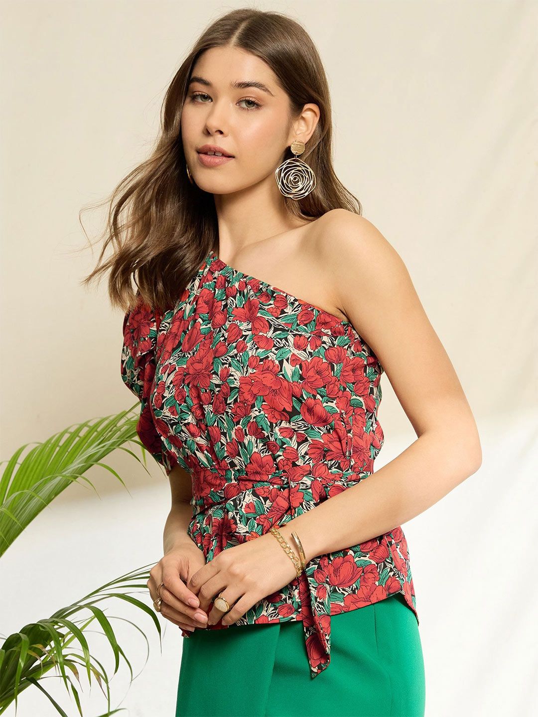 Berrylush Floral Print One Shoulder Puff Sleeve Peplum Top