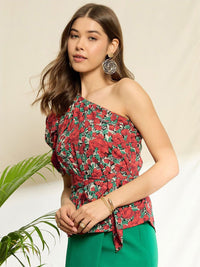 Berrylush Floral Print One Shoulder Puff Sleeve Peplum Top