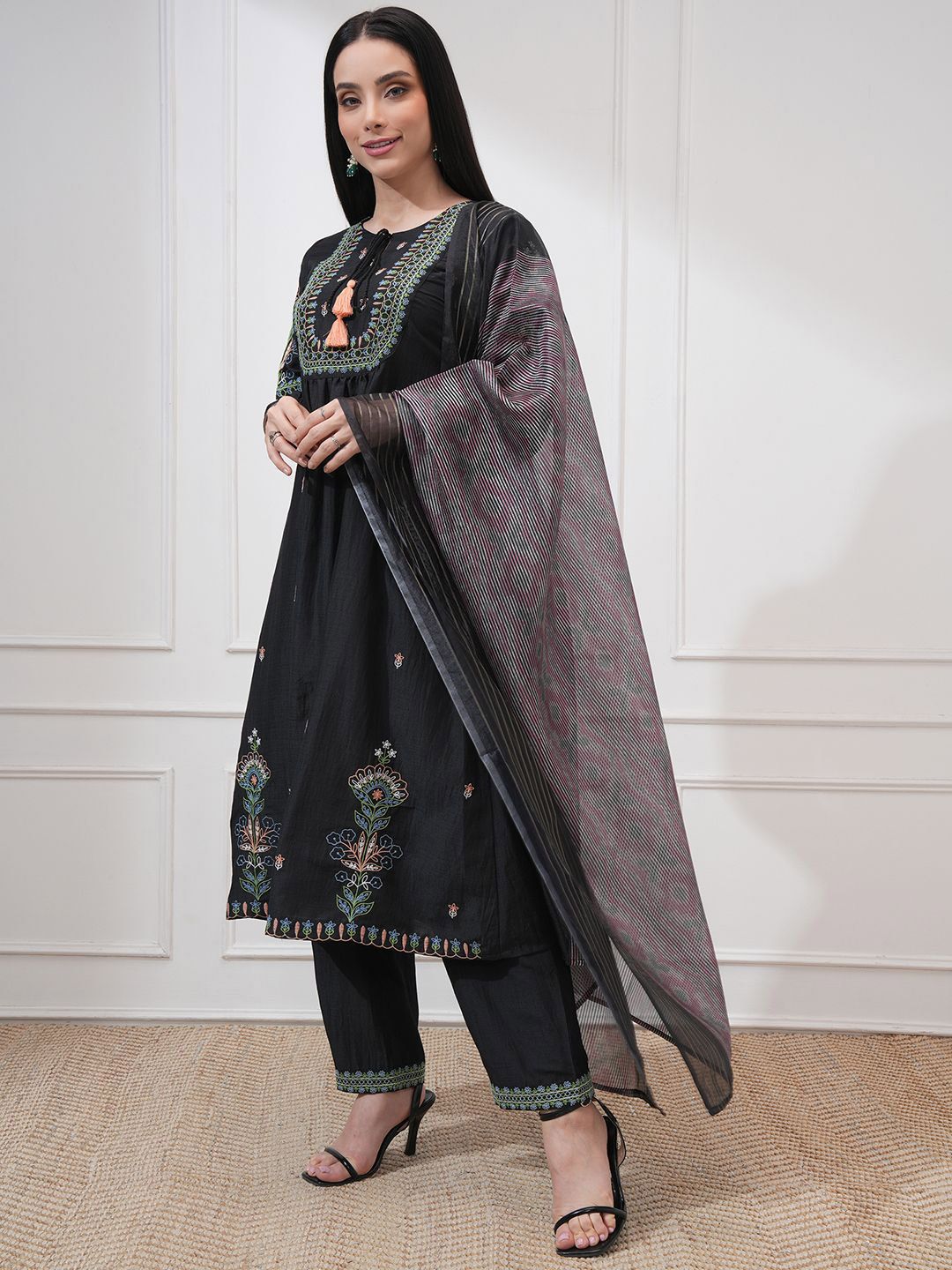 Vishudh Floral Embroidered Tie-Up Neck A-Line Kurta With Trousers & Dupatta