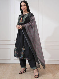 Vishudh Floral Embroidered Tie-Up Neck A-Line Kurta With Trousers & Dupatta