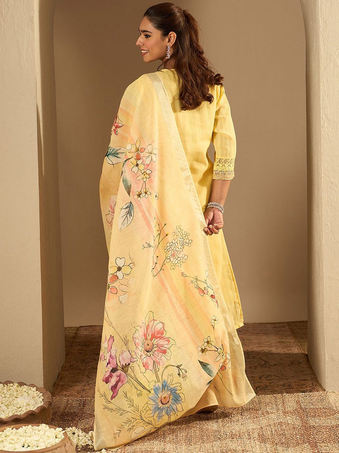 Indo Era Floral Embroidered Thread Work Pure Cotton Straight Kurta With Trousers & Dupatta