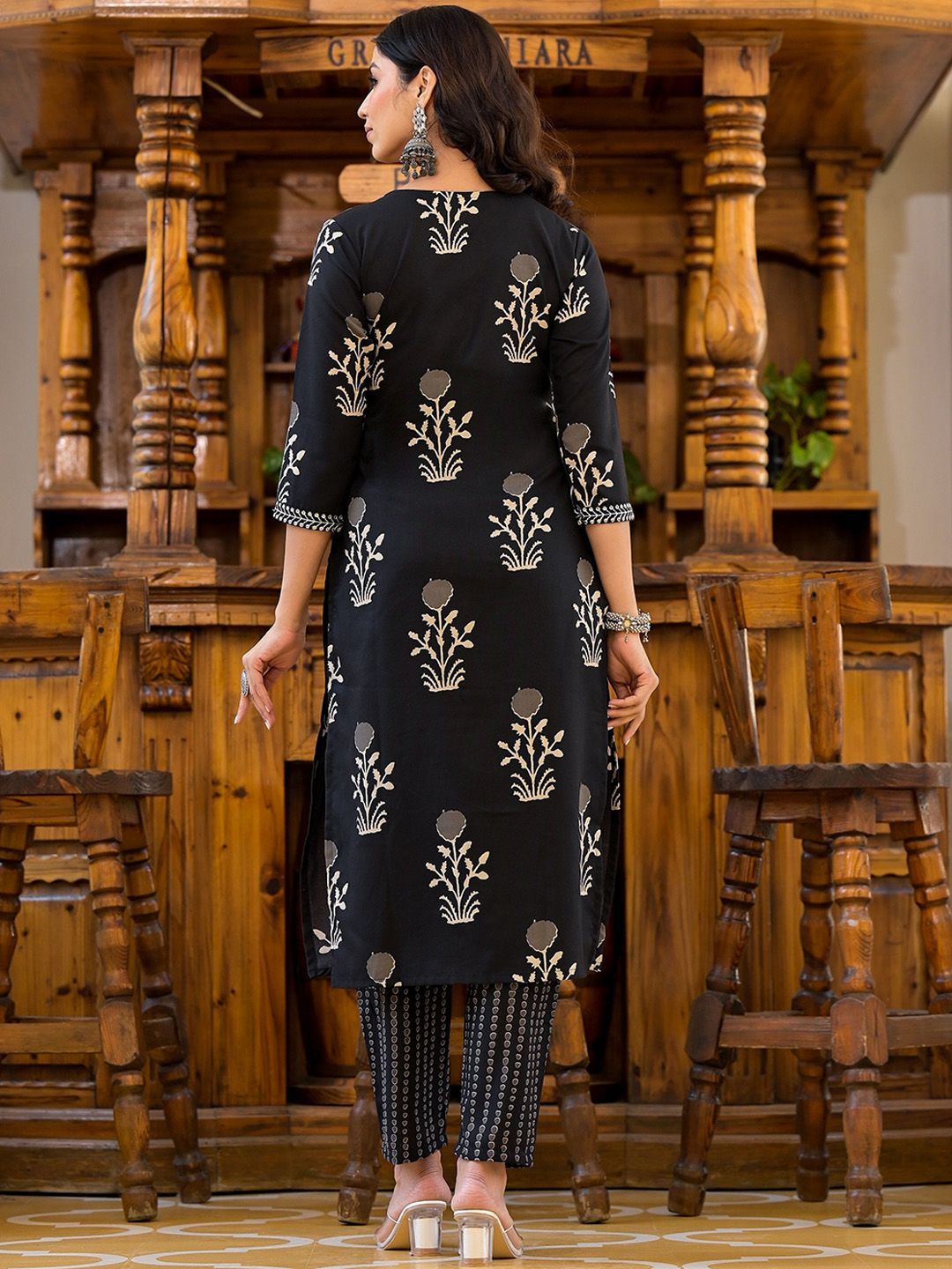 KALINI Ethnic Motifs Printed Sequinned Straight Kurta With Trousers & Dupatta