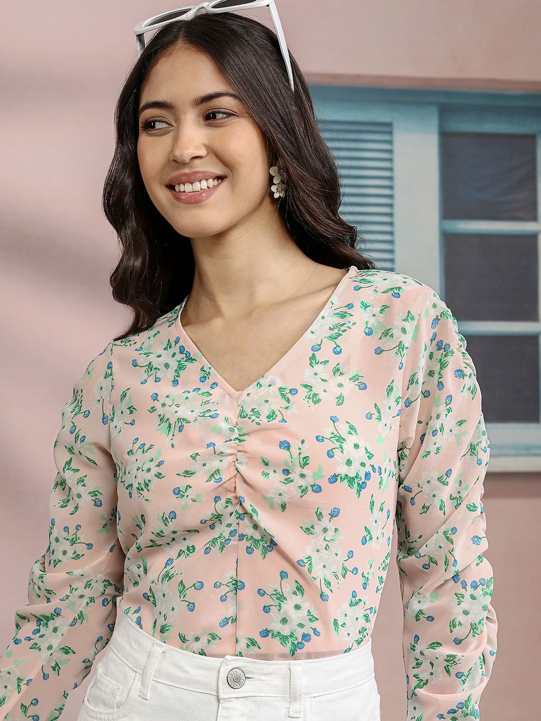 Tokyo Talkies Floral Print Puff Sleeve Twisted Peplum Top