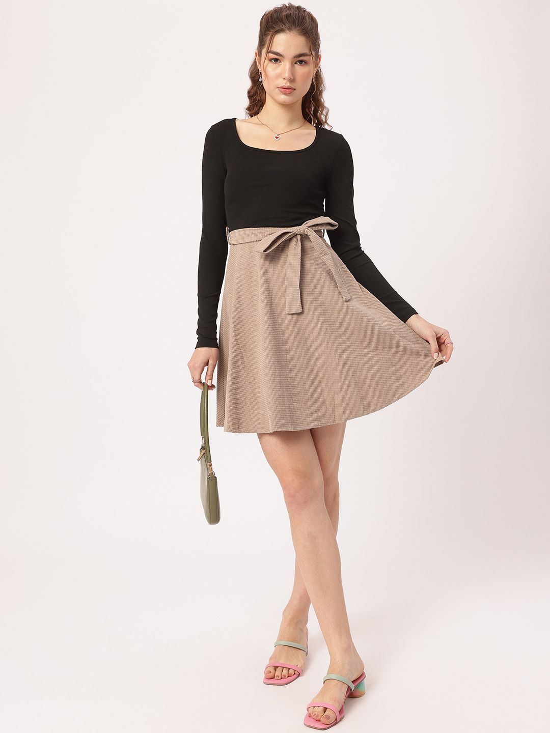 DressBerry Academia Core Textured Tie-Up Belt Fit & Flare Dress