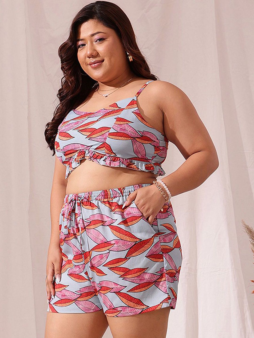 CURVY STREET Plus Size Floral Printed Crop Top With Shrug & Shorts