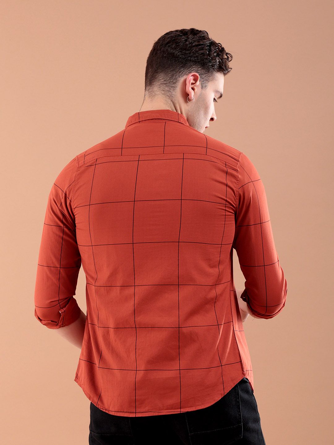 The Indian Garage Co Men Rust Orange & Black Slim Fit Checked Casual Shirt