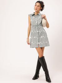 DressBerry Holiday Hues Printed Waist Tie-Up Mini Shirt Dress