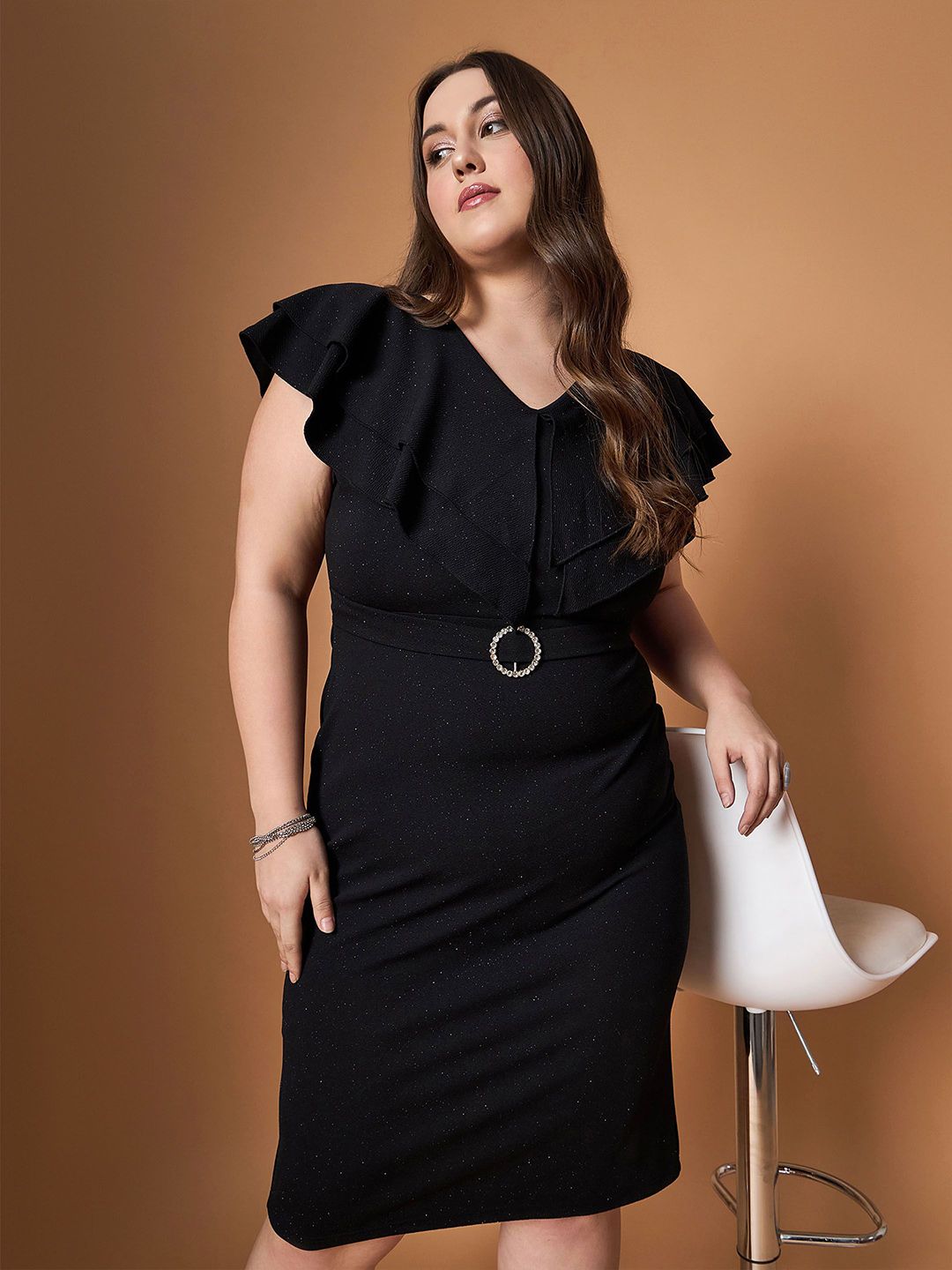 SASSAFRAS Curve Flutter Sleeve Bodycon Midi Dress