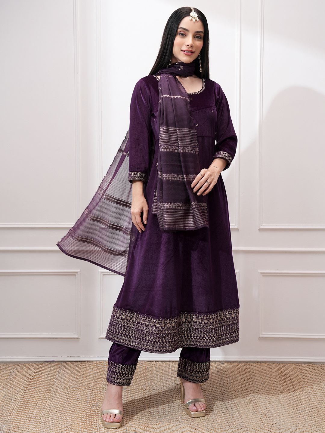 Vishudh Women Ethnic Motifs Embroidered Regular Kurta with Trousers & With Dupatta