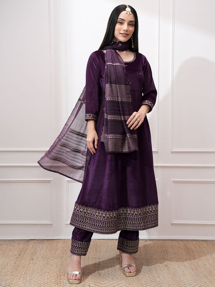 Vishudh Women Ethnic Motifs Embroidered Regular Kurta with Trousers & With Dupatta