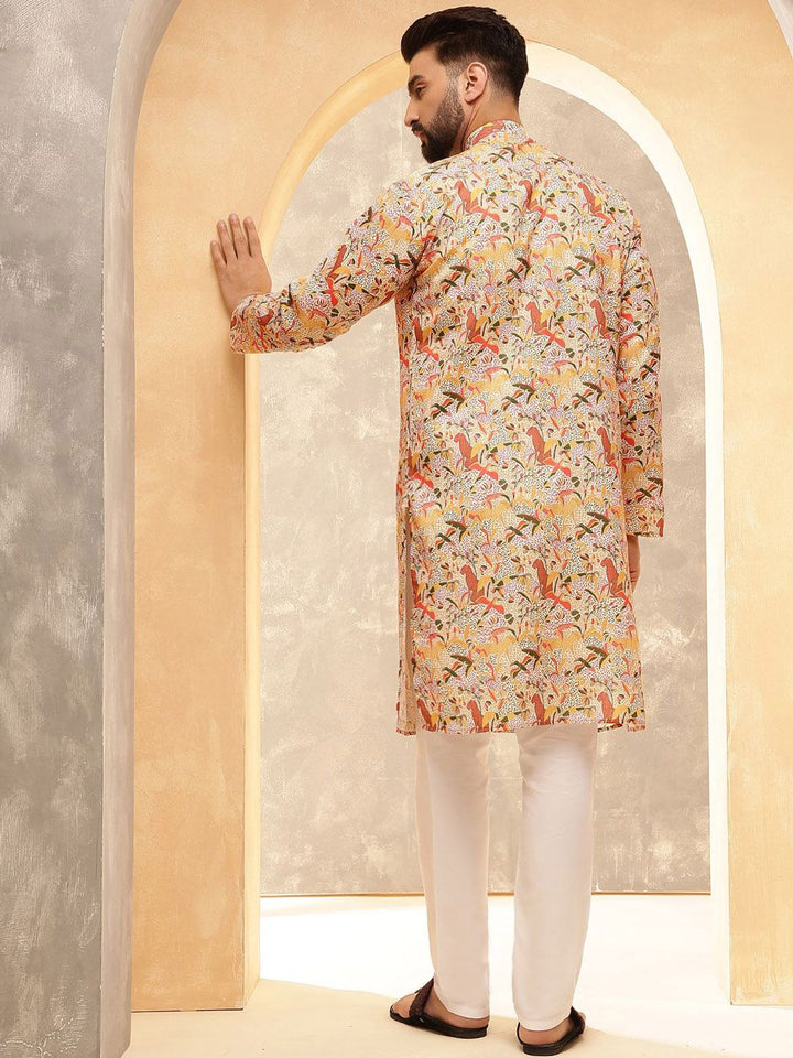 SOJANYA Motif Etnik Bercetak Kolar Jalur Kalamkari Cotton Linen Kurta Lurus