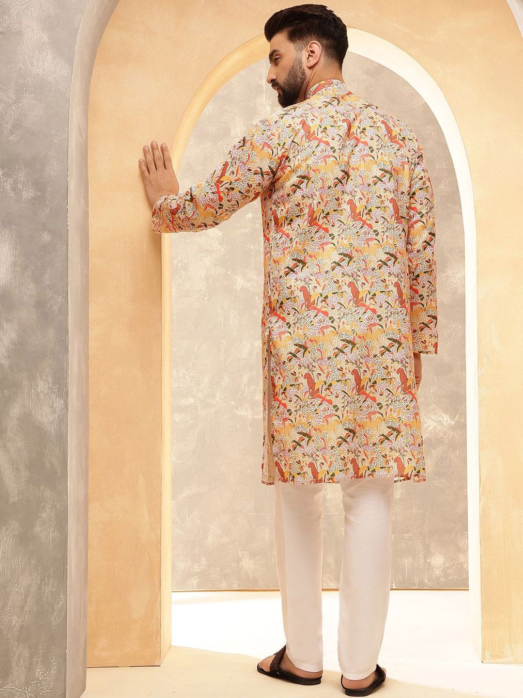 SOJANYA Ethnic Motifs Printed Band Collar Kalamkari Cotton Linen Straight Kurta