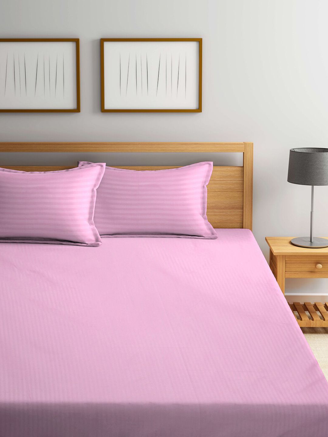 KLOTTHE Kapas Berjalur Merah Jambu 300 TC Cadar King Halus Dipasang dengan 2 Sarung Bantal-98 x 89 inci