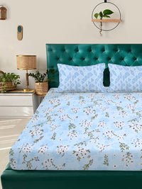 KLOTTHE Blue & White Floral Printed Dilengkapi 400 TC King Bedsheet Dengan 2 Sarung Bantal