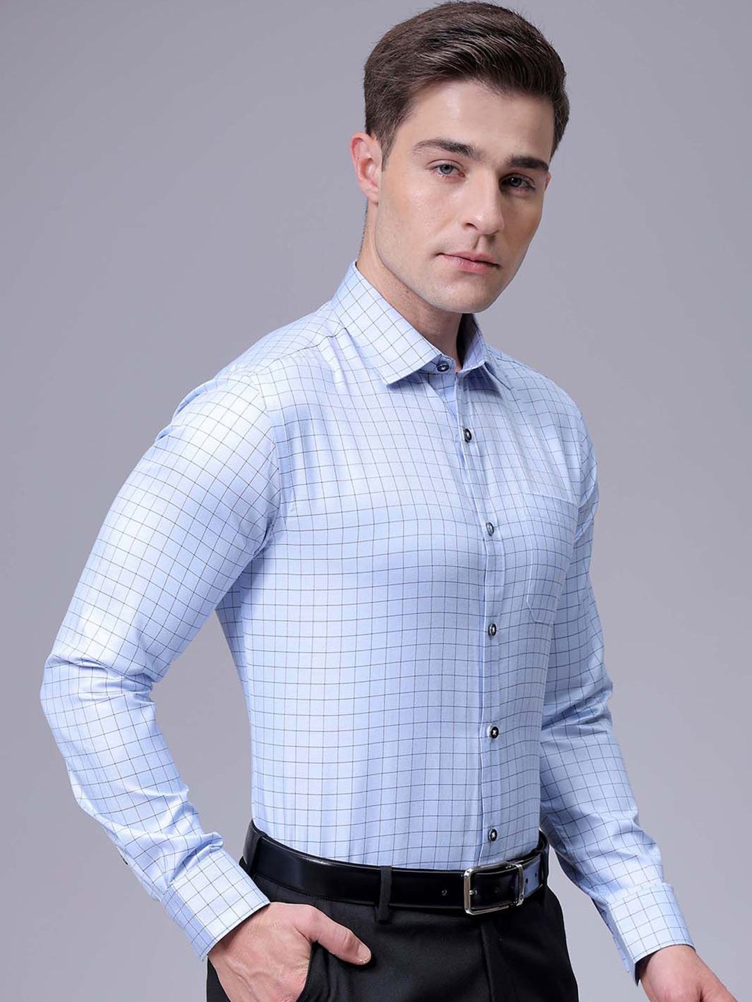 The Indian Garage Co. X Luxe Men Slim Fit Cutaway Collar Grid Tattersall Checked Formal Shirt
