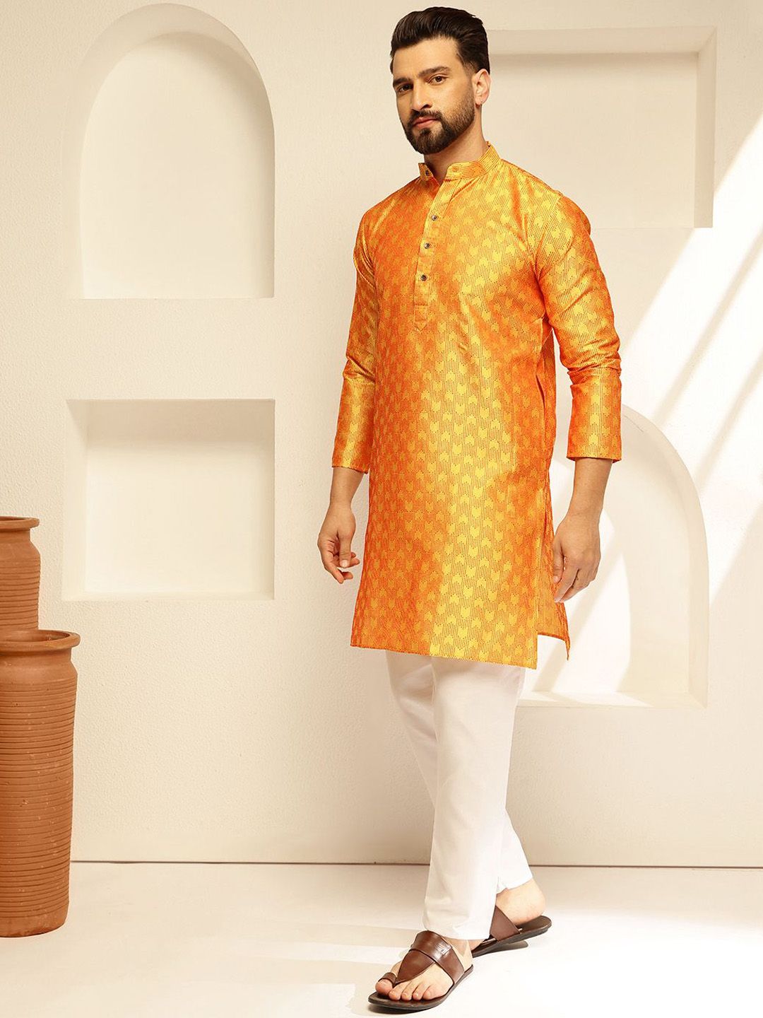 SOJANYA Rekaan Tenunan Kolar Mandarin Benang Kerja Lurus Kurta