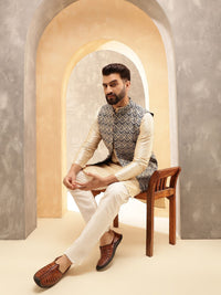 Anouk Beige Woven Design Jacquard Silk Straight Kurta Dengan Piyama Dan Jaket Nehru