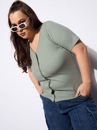 SASSAFRAS Curve Women Ribbed Ribbed V-Neck Top