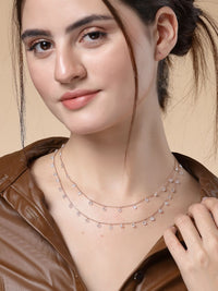 PANASH 925 Sterling Silver Rose Gold-Plated Layered Cubic Zirconia-Beaded Necklace