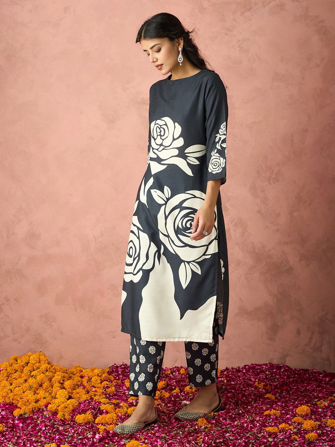 KALINI Floral Printed Regular Straight Kurta with Trousers
