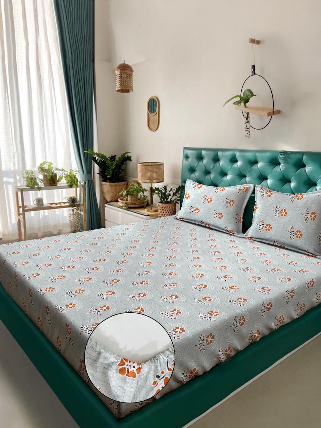 KLOTTHE Grey Floral Printed Dilengkapi 400 TC Kapas Cadar King & 2 Sarung Bantal