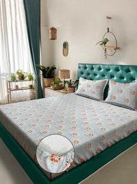 KLOTTHE Grey Floral Printed Dilengkapi 400 TC Kapas Cadar King & 2 Sarung Bantal
