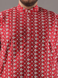 SOJANYA PLUS Plus Size Lelaki Kolar Jalur Sulam Bunga Kurta Lurus Dan Piyama