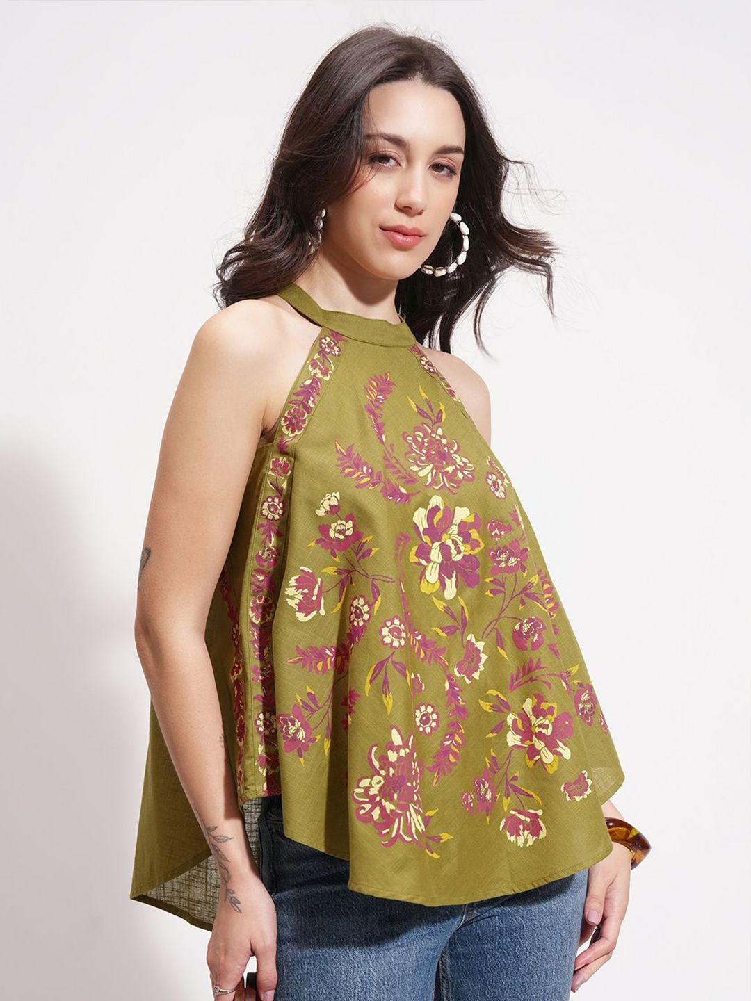 Vishudh Women Floral Print Halter Neck A-Line Cotton Top