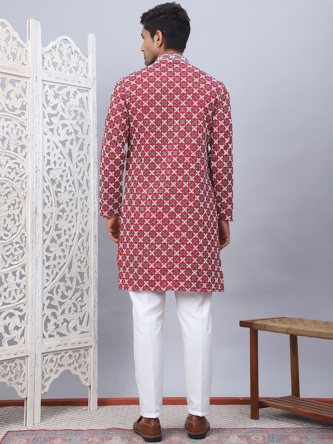 Jompers Floral Embroidered Thread Work Mandarin Collar Straight Kurta with Pyjamas