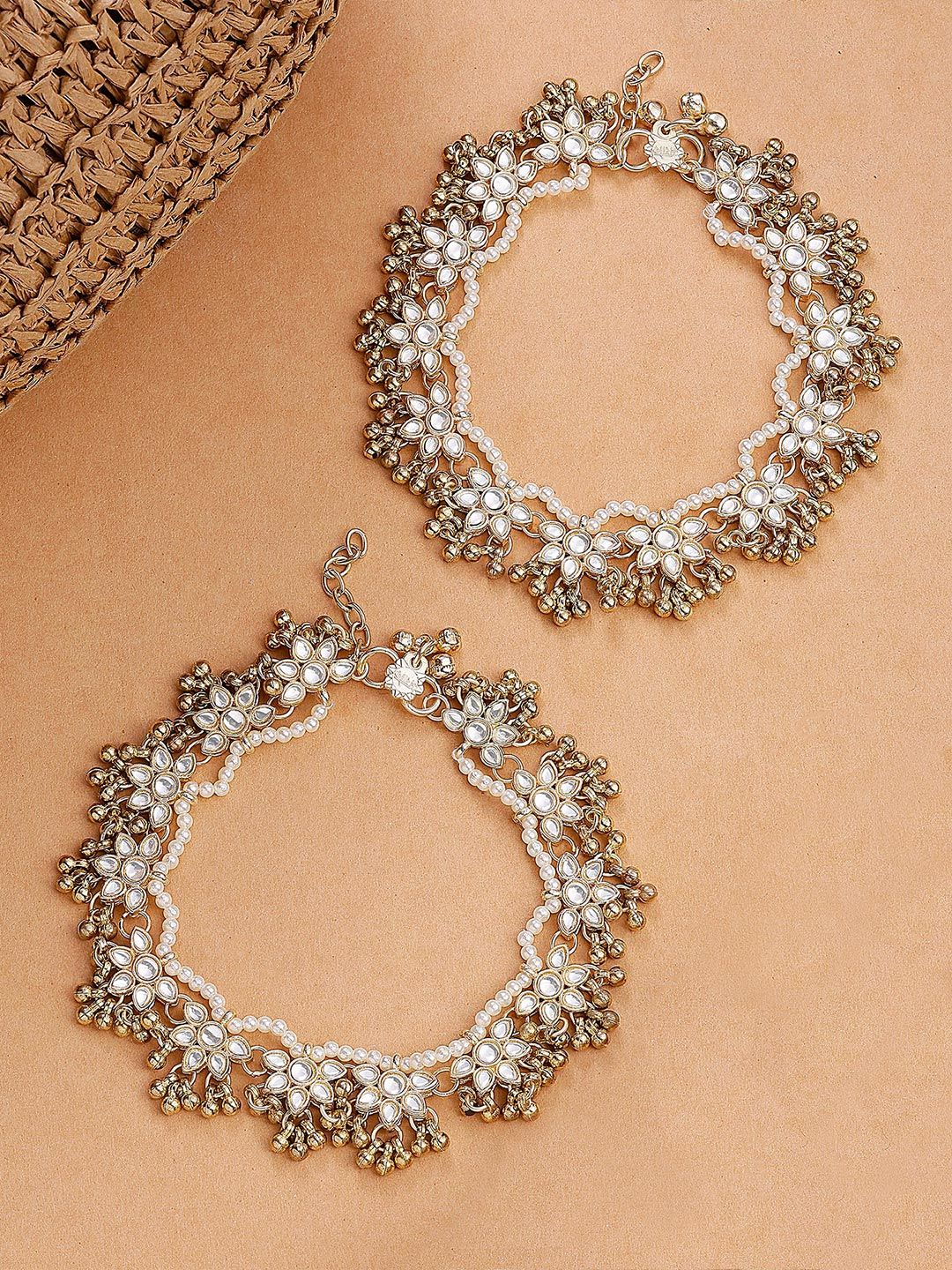 Set Karatcart dari 2 Anklets Kundan Putih berlapis emas