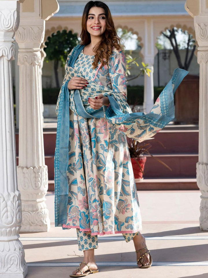 Kalini Wanita Floral Dicetak Kurta Kapas Tulen Biasa Dengan Seluar & Dengan Dupatta