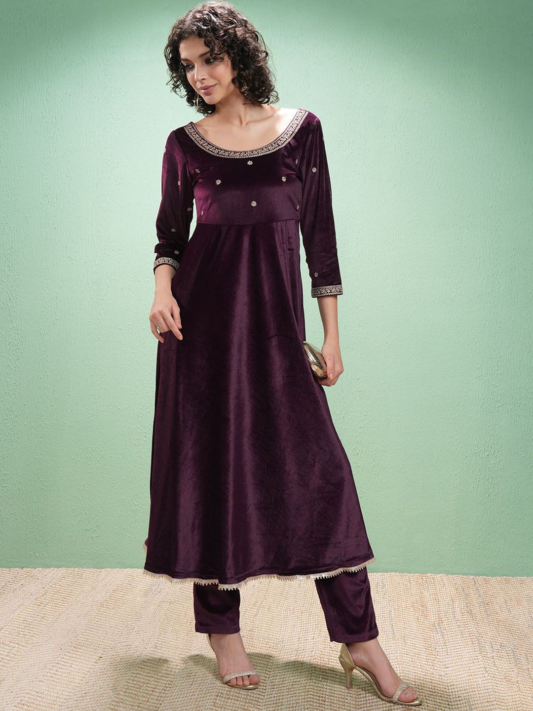 Vishudh Floral Yoke Design Zari Velvet A-Line Kurta With Trouser