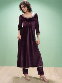 Vishudh Floral Yoke Design Zari Velvet A-Line Kurta With Trouser