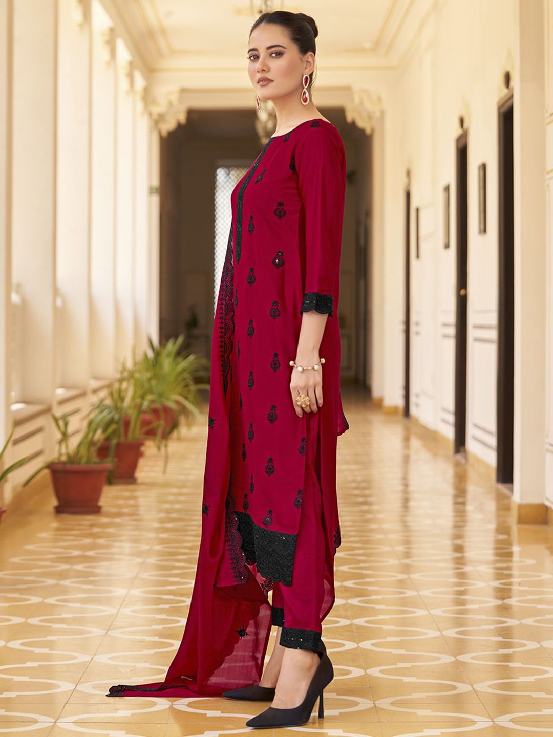 KALINI Floral Embroidered Straight Kurta with Trousers & Dupatta