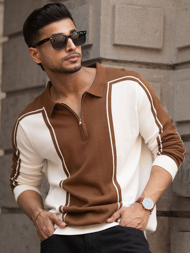 Powerlook Men Colourblocked Polo Collar Pure Cotton Casual Sweatshirt