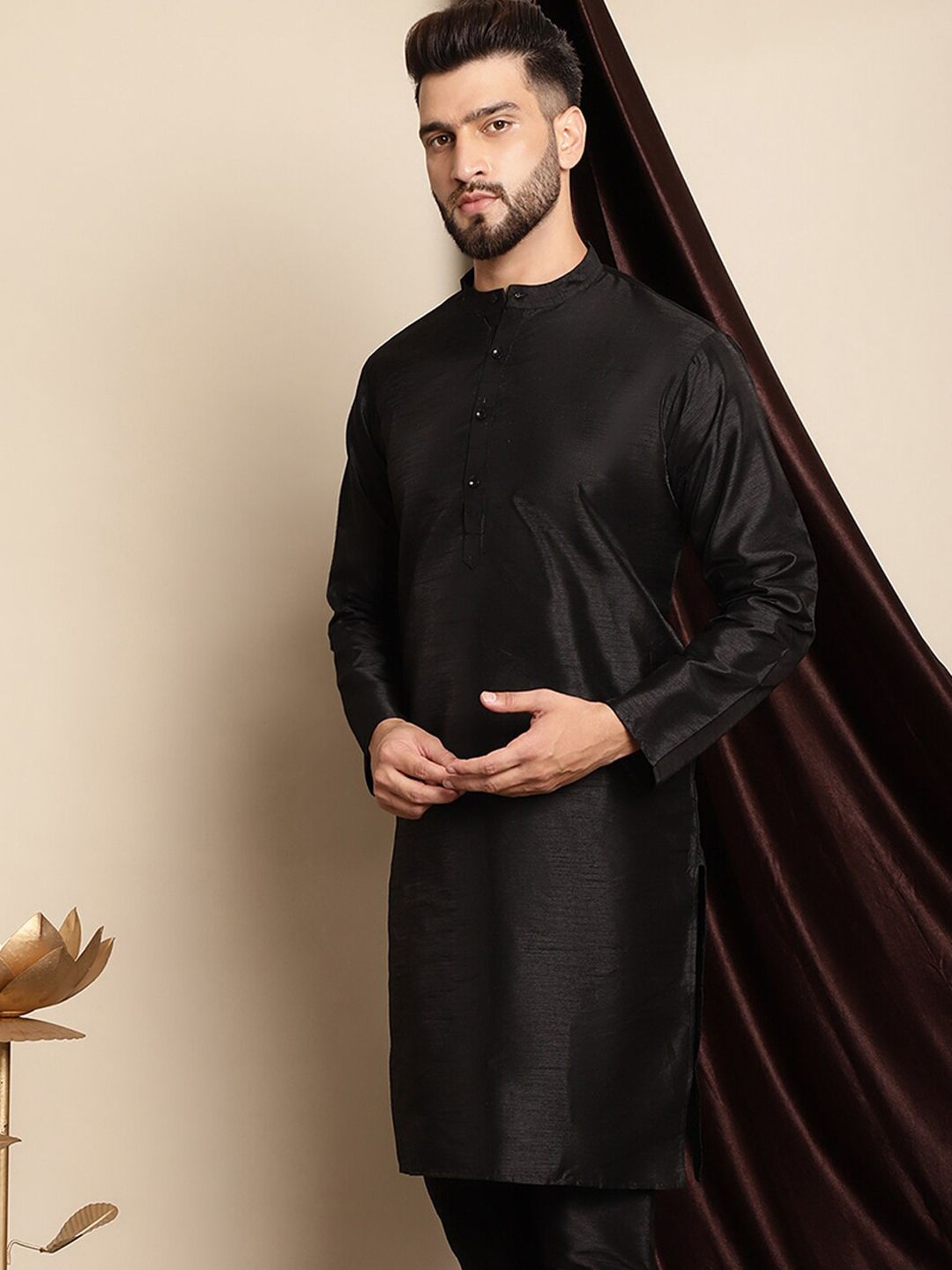 Anouk Band Collar Dupion Silk Straight Silk Cotton Regular Kurta