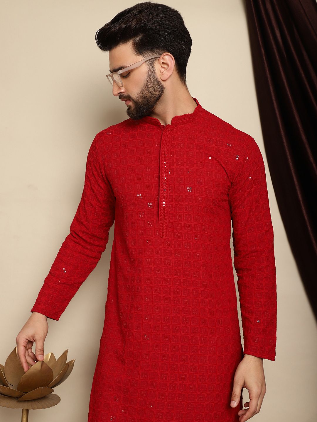 Anouk Maroon Kolar Mandarin Berpayet Kurta Lurus Kapas Tulen dengan Piyama