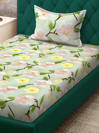 KLOTTHE Green & Pink Floral Printed Flat 300 TC Single Cadar 7D Dengan Sarung Bantal