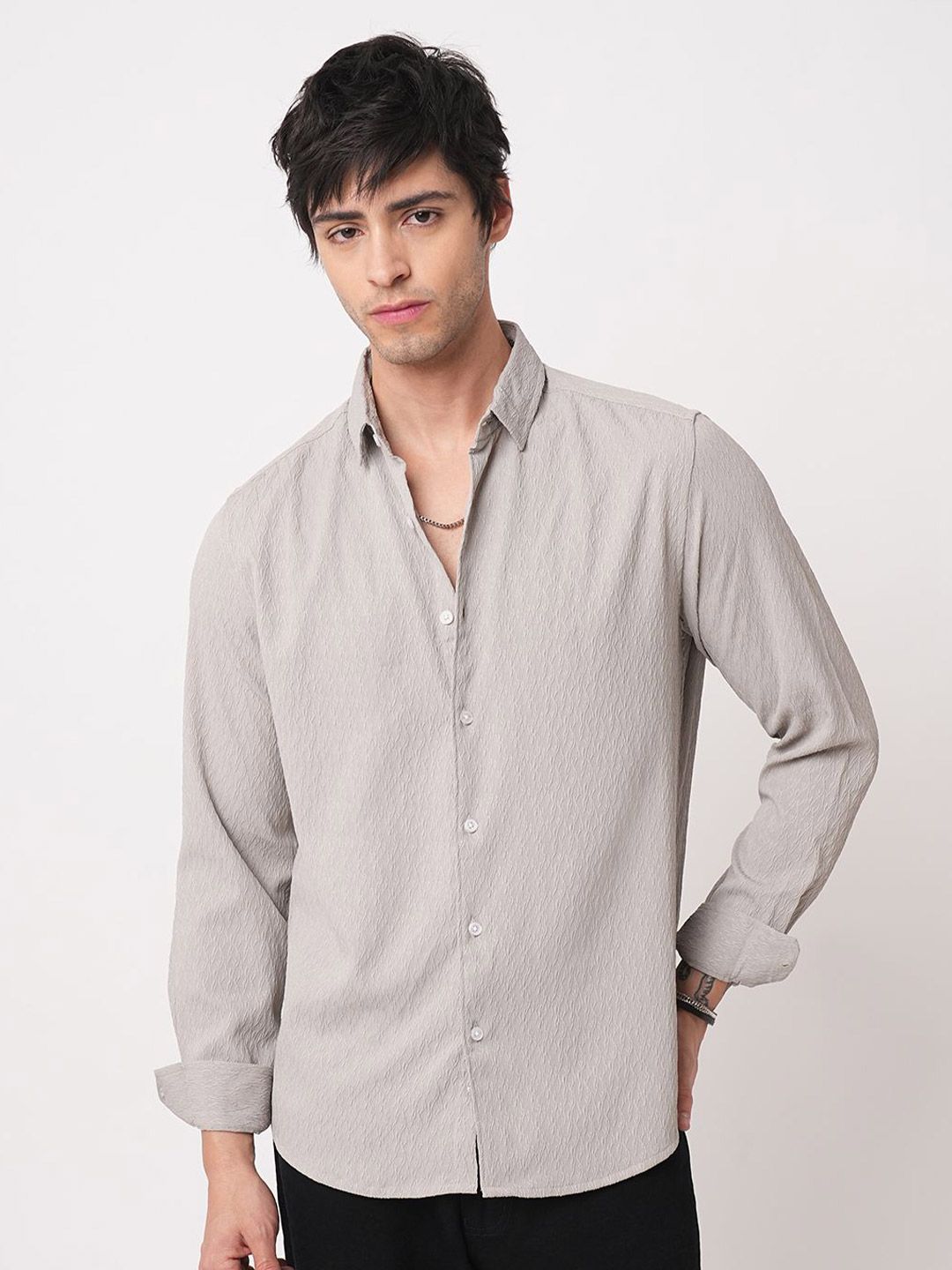 VASTRADO Ornate Cloud Men Grey Classic Relaxed Fit Self Design Jacquard Shirt