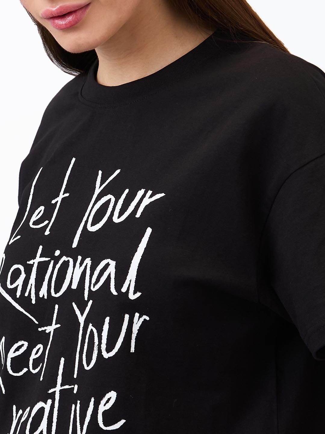 SPYKAR Women Typography Printed Round Neck Cotton Boxy T-shirt
