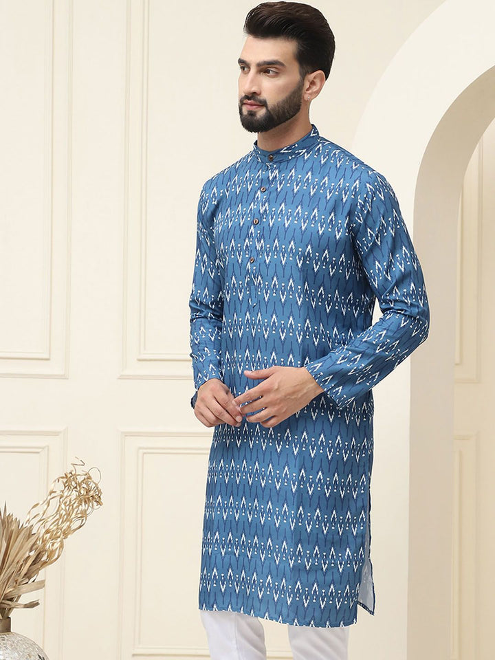 SOJANYA Motif Etnik Printed Band Collar Leher Lengan Panjang Kapas Tulen Kurta Lurus