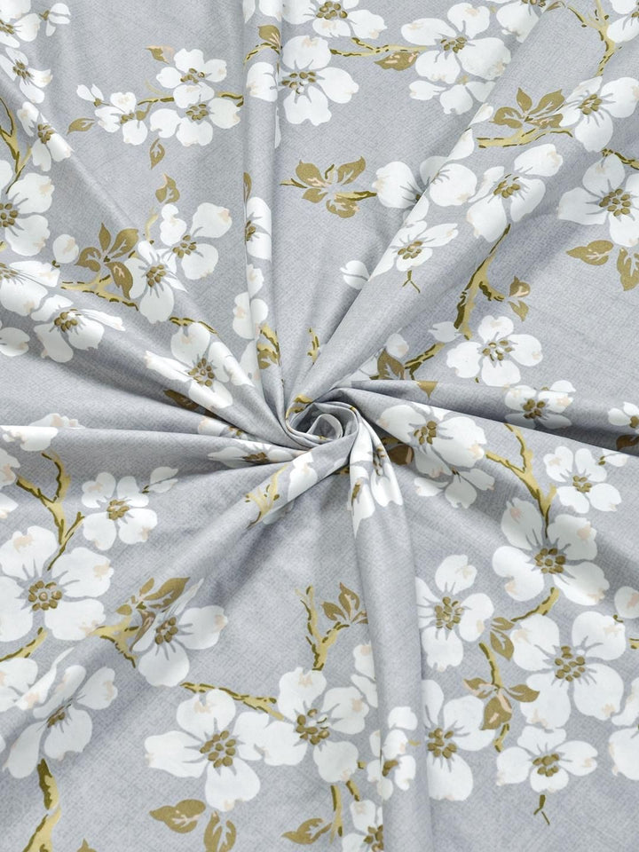 KLOTTHE Grey & White Floral 300 TC Single Bedsheet with 1 Pillow Covers