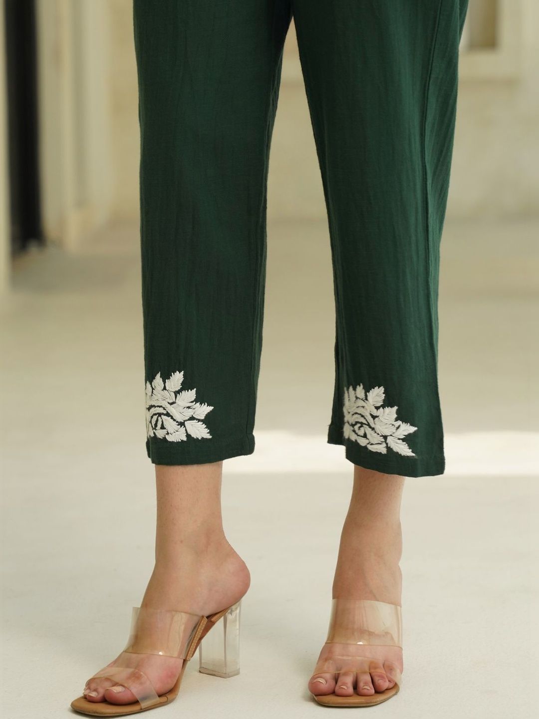 House of Chikankari Green 2 Keping Cotton Solid Tunic dengan Set Co-Ord Seluar