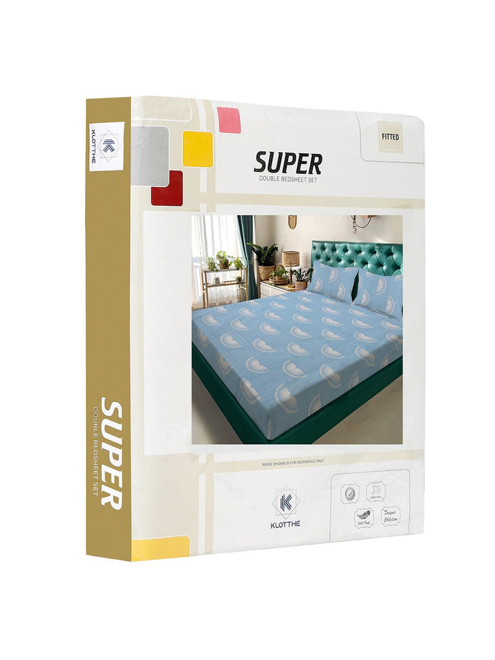 KLOTTHE Blue Geometric Printed Fitted 300TC Double King Bedsheet With 2 Pillow Cover