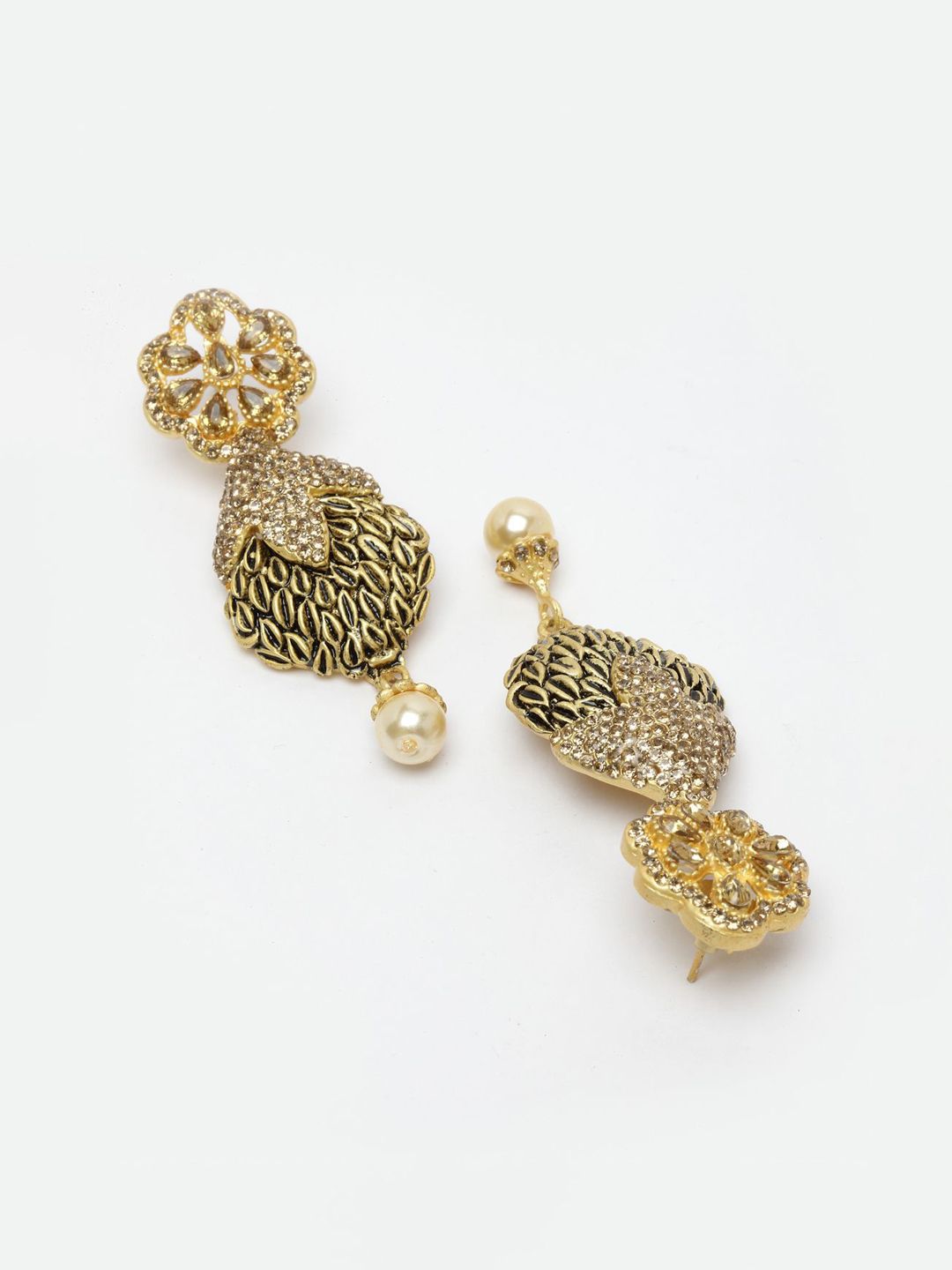 Anouk Gold-Plated Stone Studded & Beaded Crescent Shaped Drop Earrings