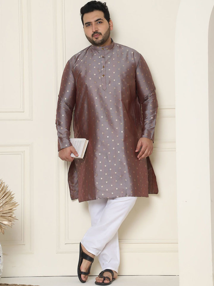 SOJANYA Plus Geometric Woven Design Kolar Mandarin Lengan Panjang Kurta Lurus