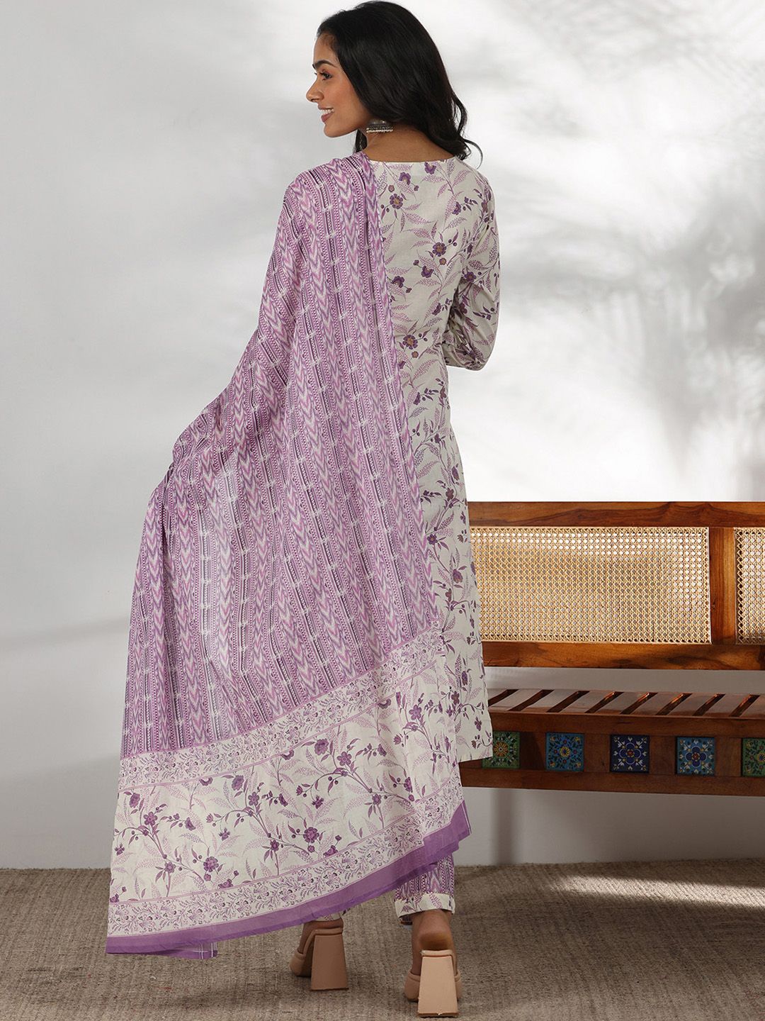 Libas Floral Printed Gotta Patti Pure Cotton Straight Kurta with Trousers & Dupatta