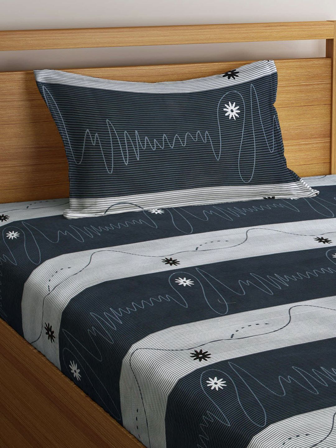 Myntra Elegant Homes Black & Grey Striped 300 TC Single Bedsheet Set-2.2 mX1.5 m