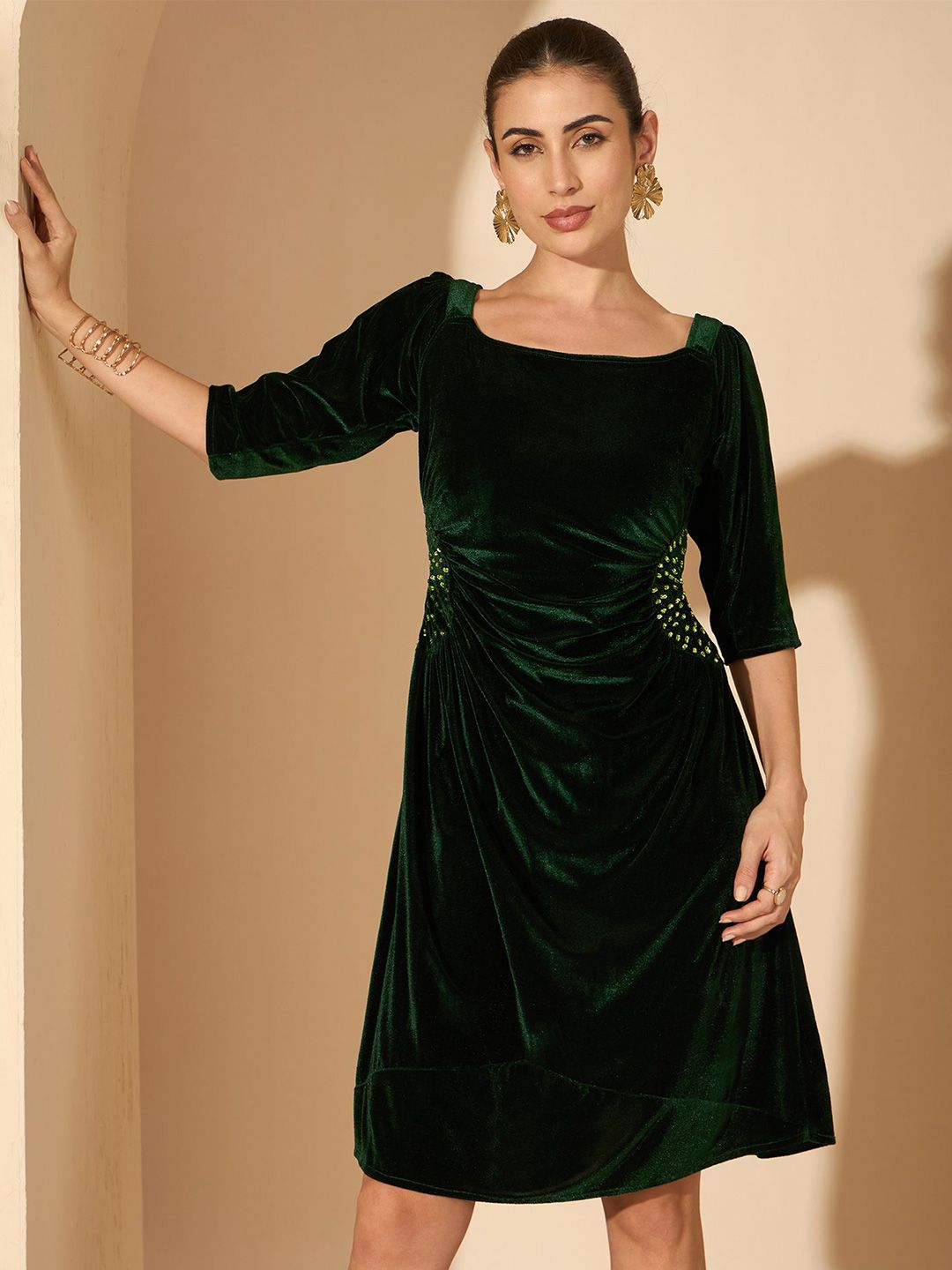 Antheaa Women Velvet embellished on the waist A-Line Dress