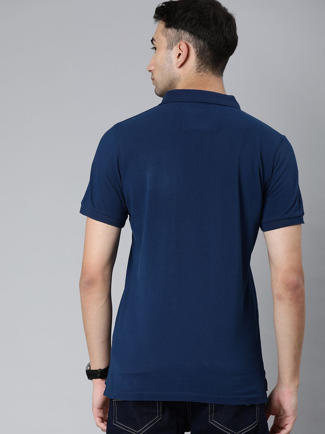 THE BEAR HOUSE Men Blue Solid Polo Collar Pure Cotton T-shirt